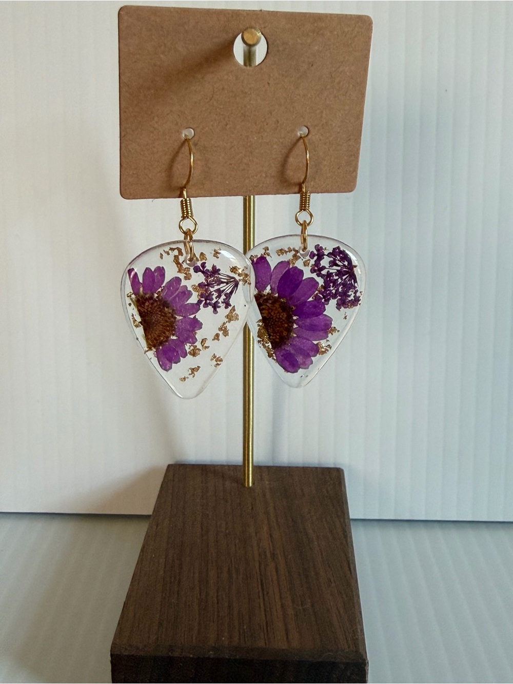 Purple Floral Resin Guitar Pick Dangle Earrings